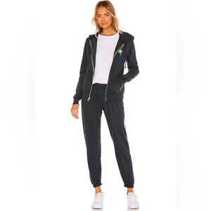Aviator Nation Bolt Zip Up Hoodie & Sweatpants Set Charcoal/Rainbow Pink Size XS